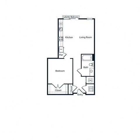 Floor plan for studio, 1 bath, 656 sqft